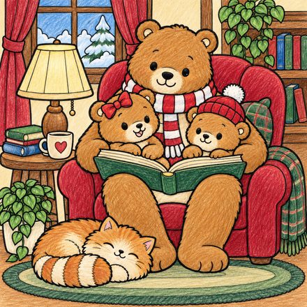 Colored example of a page from The Hazelnook Bears' Cozy Christmas Coloring Book